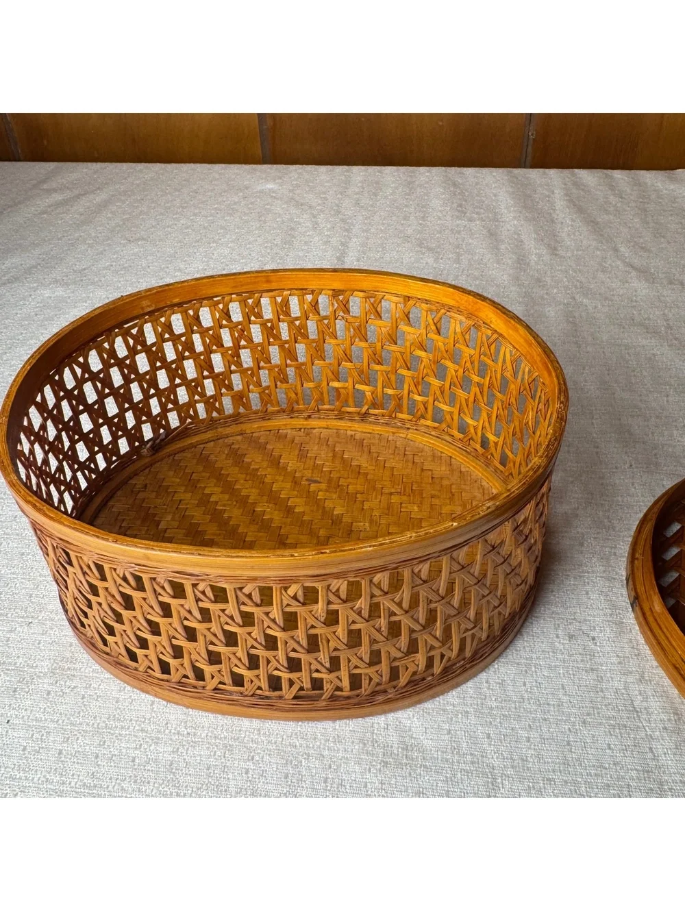 Vintage Shanghai Handicrafts Wicker Basket Lidded Oval Chinese Rattan Box